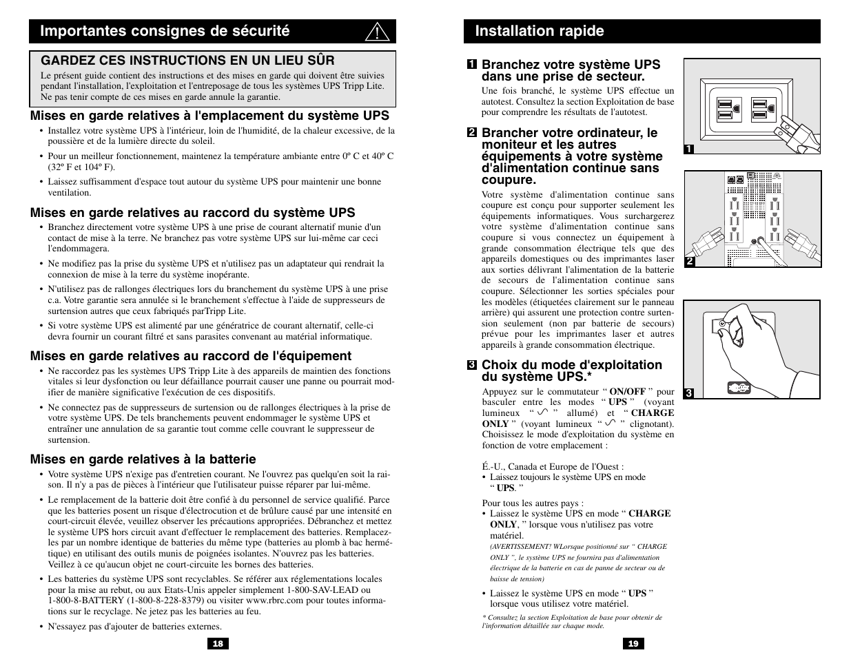 Installation rapide, Importantes consignes de sécurité | Tripp Lite 120V User Manual | Page 10 / 14