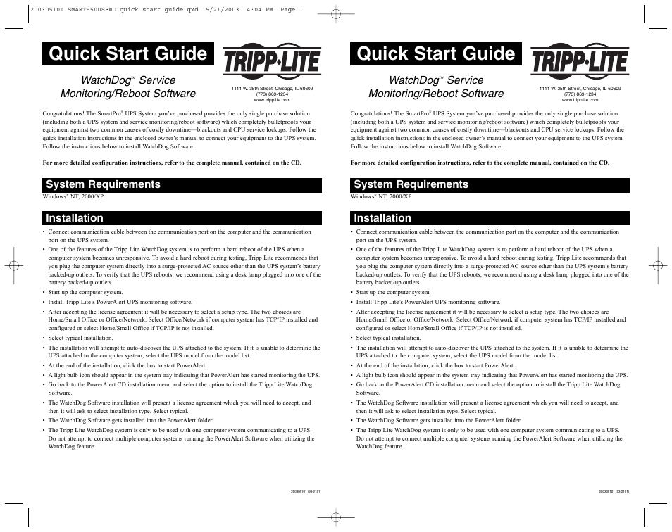 Quick start guide, Watchdog, Service monitoring/reboot software | System requirements, Installation | Tripp Lite 120V User Manual | Page 14 / 14