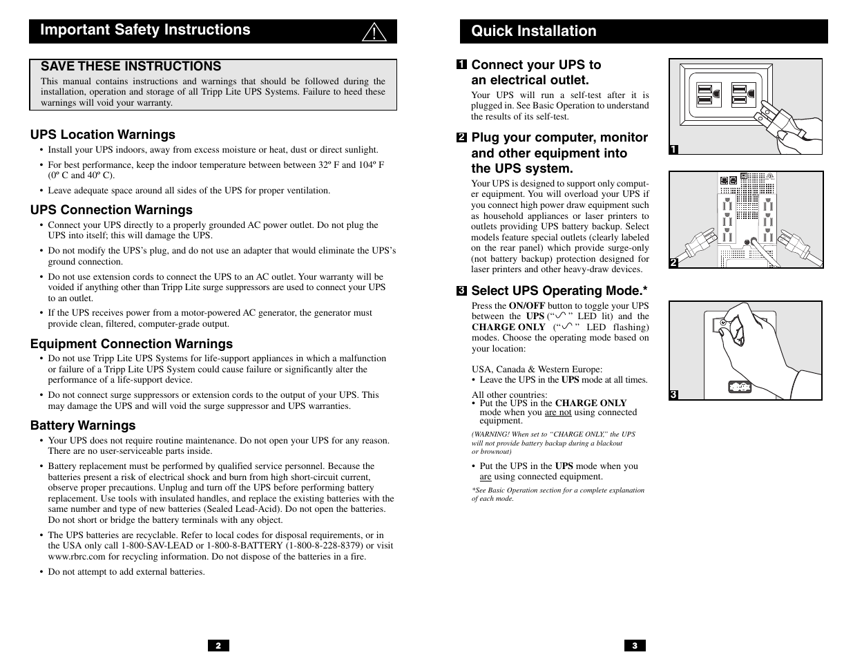 Important safety instructions, Quick installation | Tripp Lite 120V User Manual | Page 2 / 14