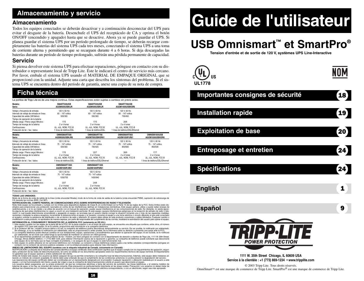 Guide de l'utilisateur, Usb omnismart, Et smartpro | English 1 español 9, Ficha técnica, Almacenamiento y servicio, Almacenamiento, Servicio, Ul1778 | Tripp Lite 120V User Manual | Page 9 / 14