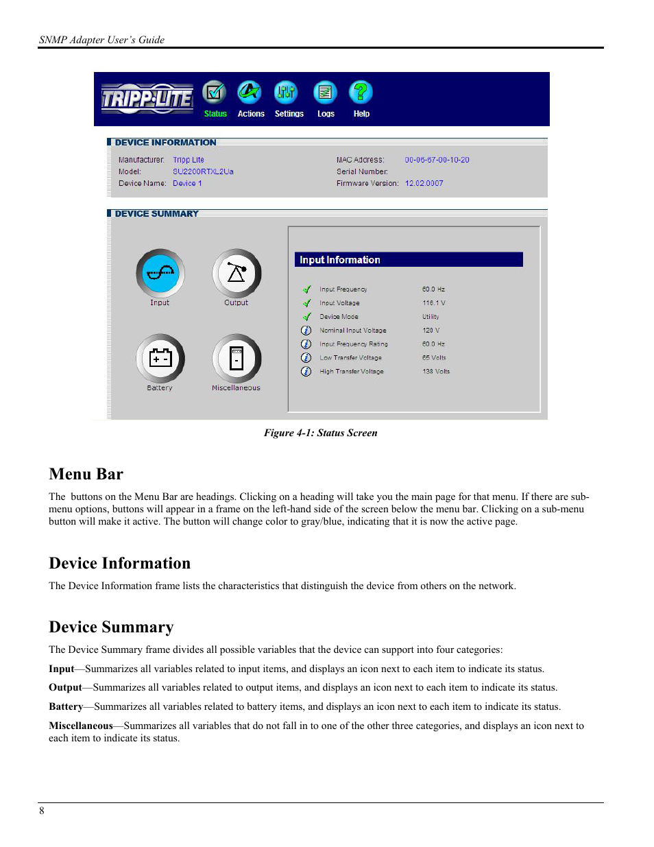 Menu bar, Device information, Device summary | Tripp Lite UPS SNMPWEBCARD User Manual | Page 10 / 22
