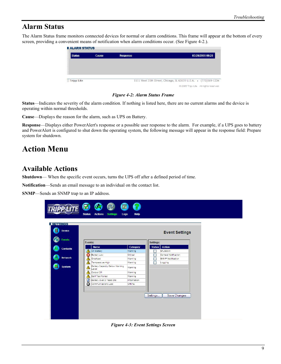 Alarm status, Action menu, Available actions | Tripp Lite UPS SNMPWEBCARD User Manual | Page 11 / 22