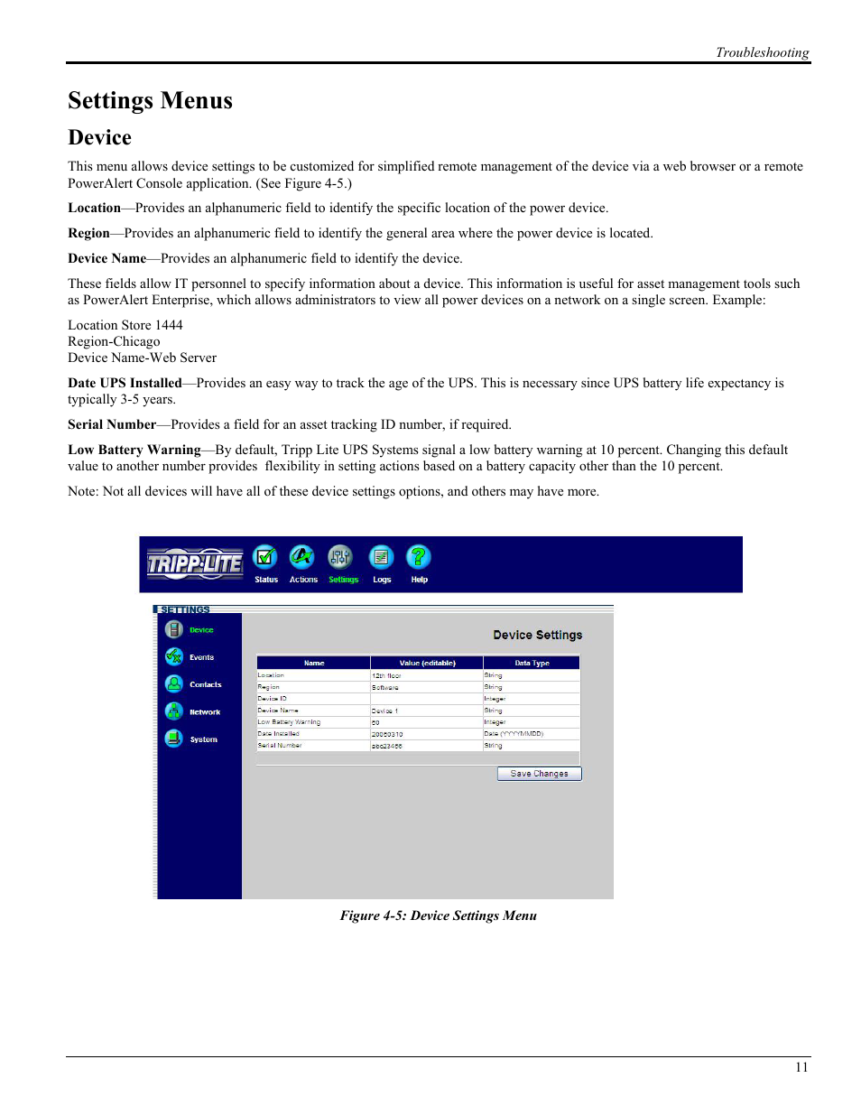 Settings menus, Device | Tripp Lite UPS SNMPWEBCARD User Manual | Page 13 / 22