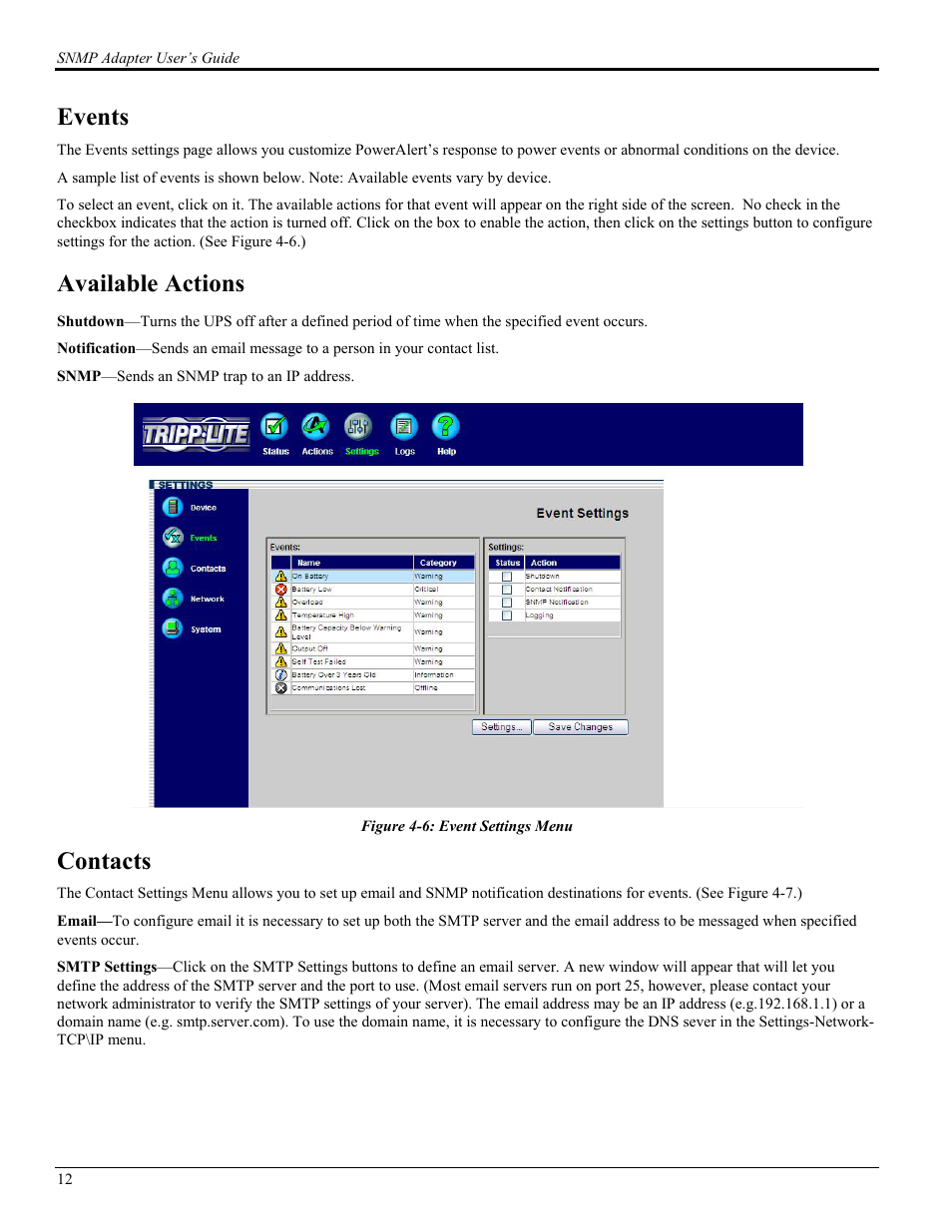 Events, Available actions, Contacts | Tripp Lite UPS SNMPWEBCARD User Manual | Page 14 / 22