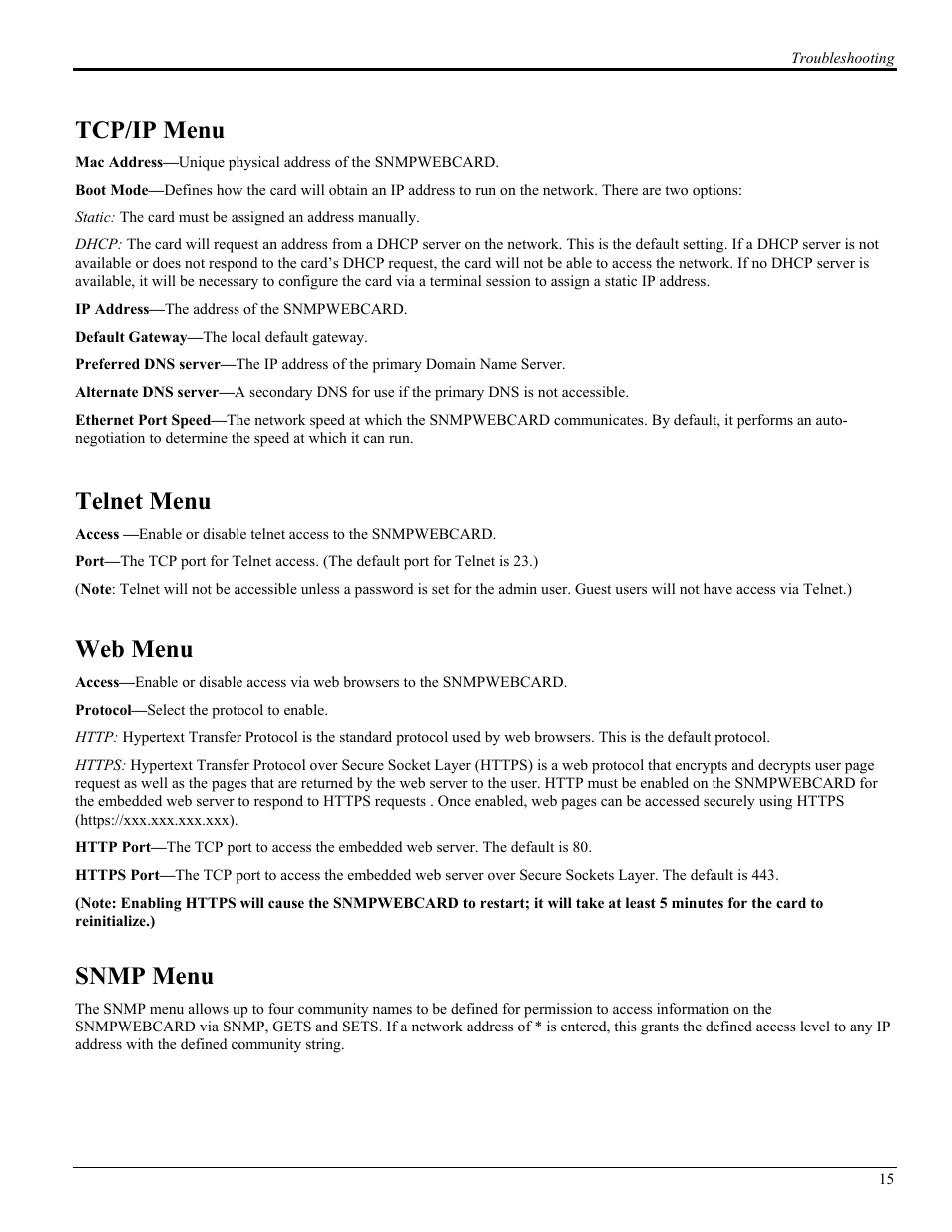 Tcp/ip menu, Telnet menu, Web menu | Snmp menu | Tripp Lite UPS SNMPWEBCARD User Manual | Page 17 / 22