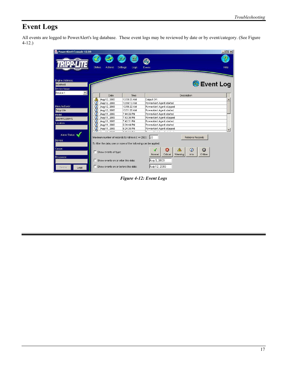 Event logs | Tripp Lite UPS SNMPWEBCARD User Manual | Page 19 / 22