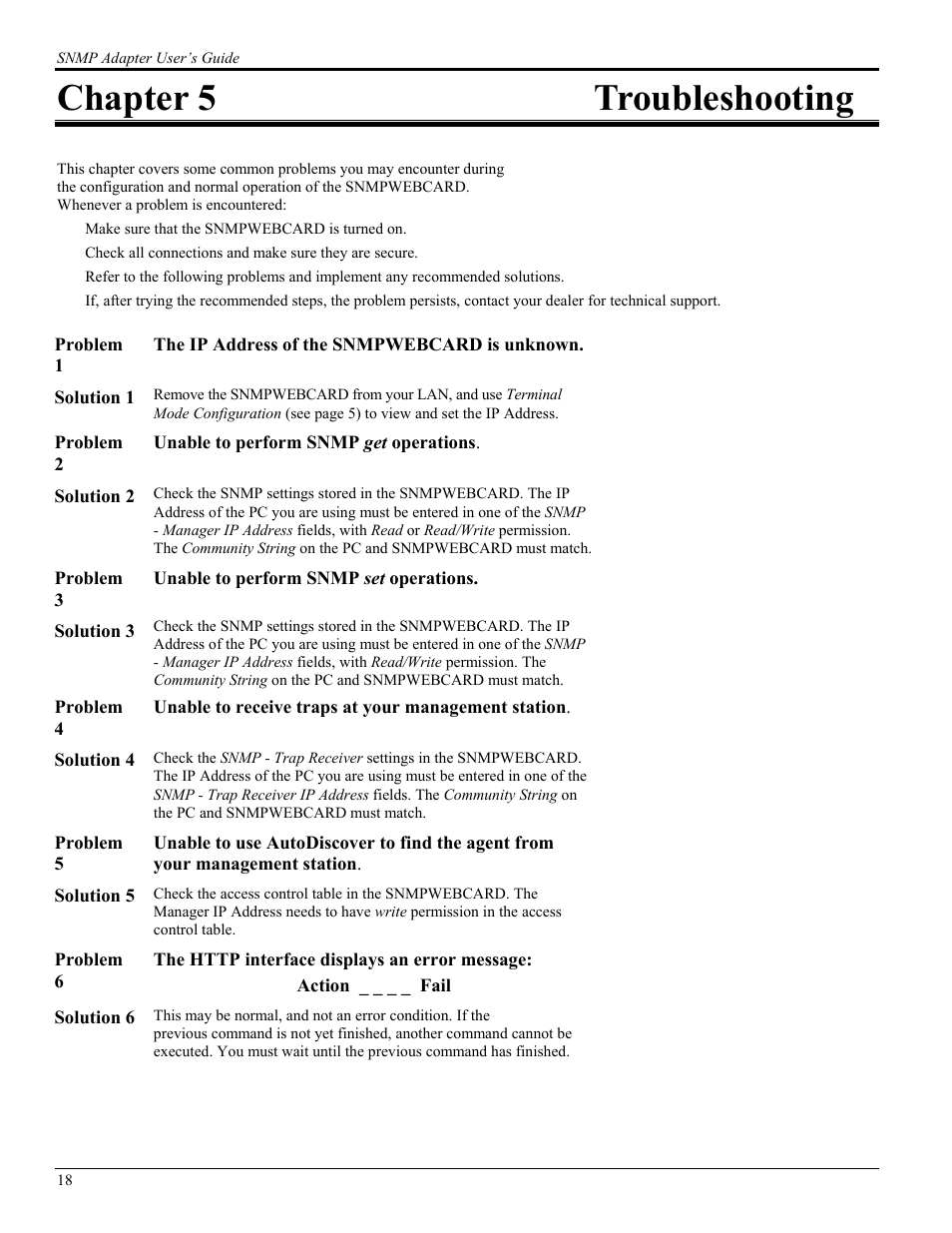 Chapter 5troubleshooting, Chapter 5 troubleshooting | Tripp Lite UPS SNMPWEBCARD User Manual | Page 20 / 22