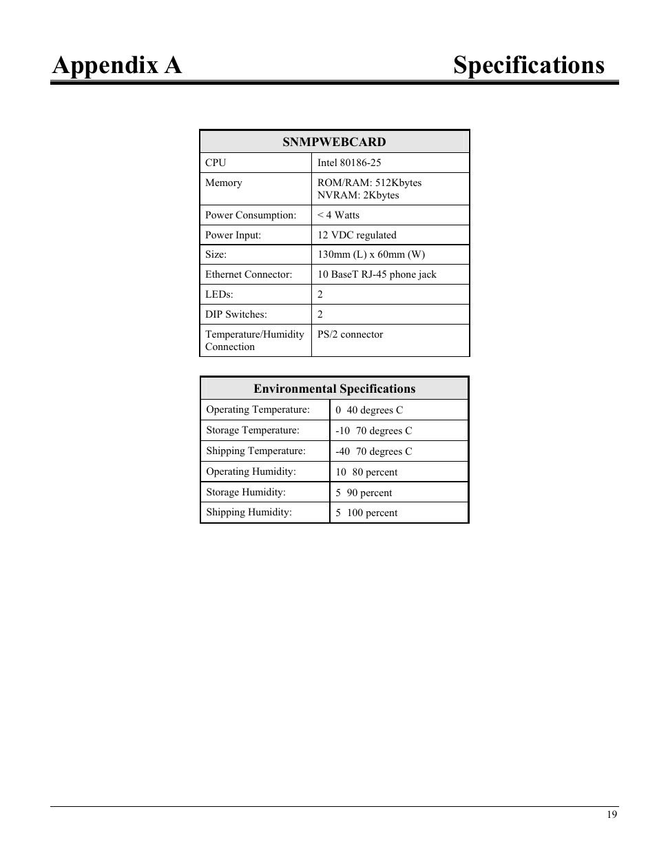 Appendix aspecifications, Appendix a specifications | Tripp Lite UPS SNMPWEBCARD User Manual | Page 21 / 22