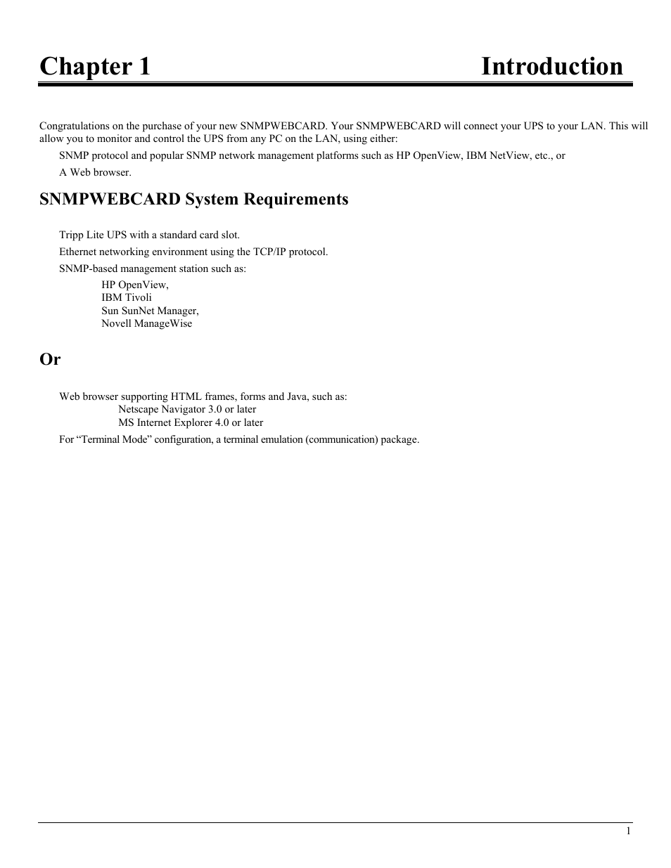 Chapter 1introduction, Snmpwebcard system requirements, Chapter 1 introduction | Tripp Lite UPS SNMPWEBCARD User Manual | Page 3 / 22