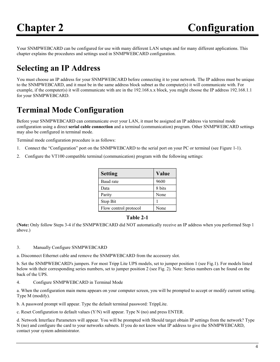 Chapter 2configuration, Selecting an ip address, Terminal mode configuration | Chapter 2 configuration | Tripp Lite UPS SNMPWEBCARD User Manual | Page 6 / 22
