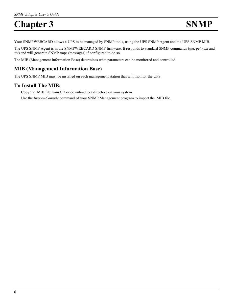 Chapter 3snmp, Mib (management information base), Chapter 3 snmp | Tripp Lite UPS SNMPWEBCARD User Manual | Page 8 / 22