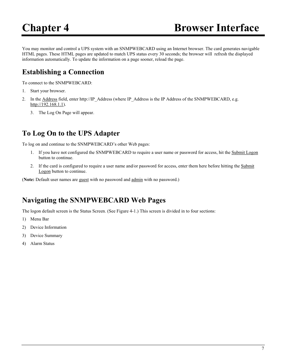 Chapter 4browser interface, Establishing a connection, To log on to the ups adapter | Chapter 4 browser interface, Navigating the snmpwebcard web pages | Tripp Lite UPS SNMPWEBCARD User Manual | Page 9 / 22