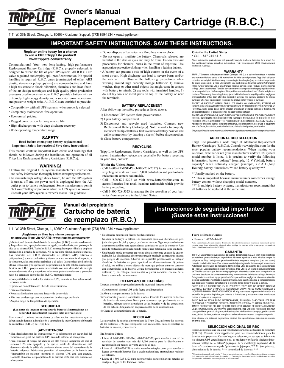 Tripp Lite Replacement Battery Cartridge User Manual | 2 pages