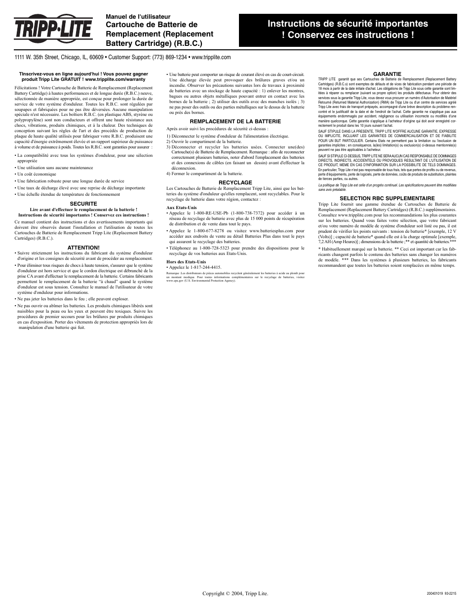 Tripp Lite Replacement Battery Cartridge User Manual | Page 2 / 2