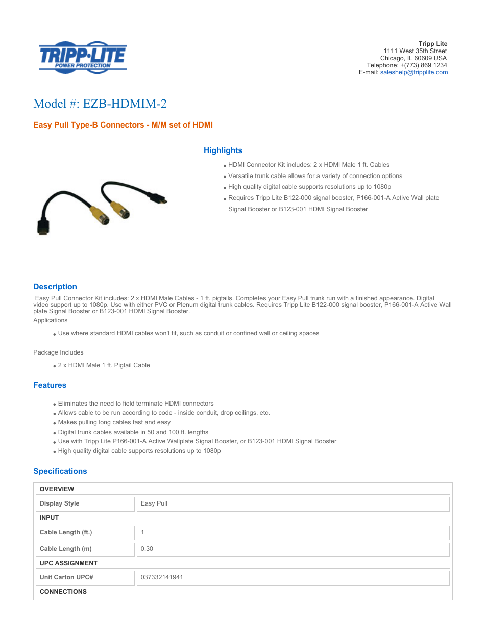 Tripp Lite EZB-HDMIM-2 User Manual | 2 pages