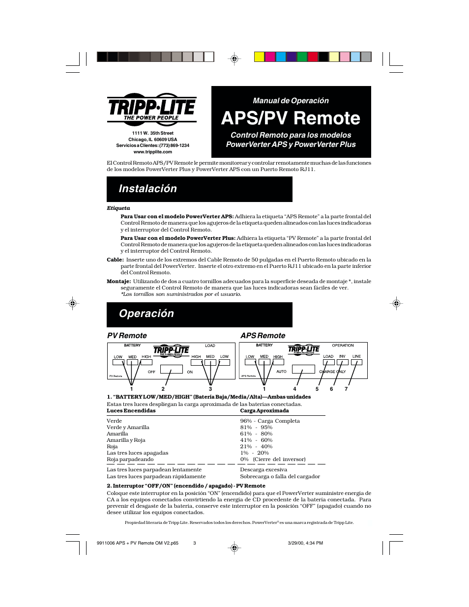 Aps/pv remote, Instalación, Operación | Manual de operación, Pv remote aps remote | Tripp Lite APS/PV User Manual | Page 3 / 4