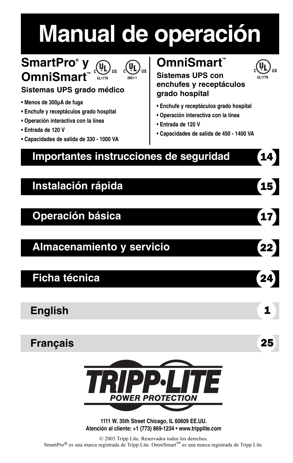 Manual de operación, Smartpro, Yomnismart | Omnismart, English 1 français 25 | Tripp Lite OMNISMART350HG User Manual | Page 13 / 36