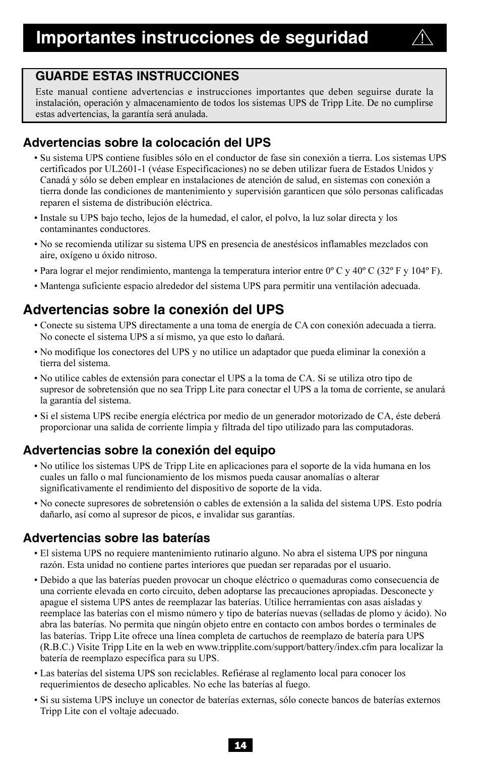 Importantes instrucciones de seguridad, Advertencias sobre la conexión del ups, Advertencias sobre la colocación del ups | Advertencias sobre la conexión del equipo, Advertencias sobre las baterías, Guarde estas instrucciones | Tripp Lite OMNISMART350HG User Manual | Page 14 / 36