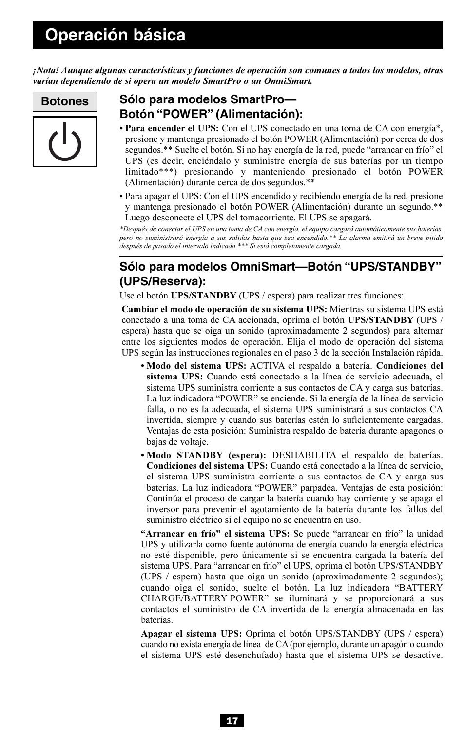 Operación básica, Botones | Tripp Lite OMNISMART350HG User Manual | Page 17 / 36