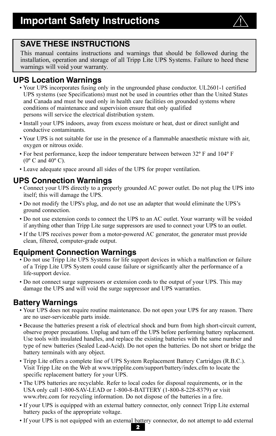 Important safety instructions, Ups location warnings, Ups connection warnings | Equipment connection warnings, Battery warnings, Save these instructions | Tripp Lite OMNISMART350HG User Manual | Page 2 / 36