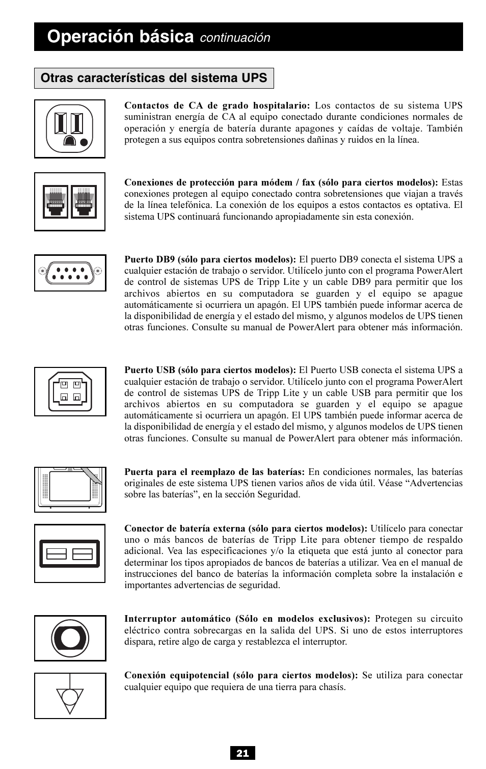 Operación básica, Continuación | Tripp Lite OMNISMART350HG User Manual | Page 21 / 36