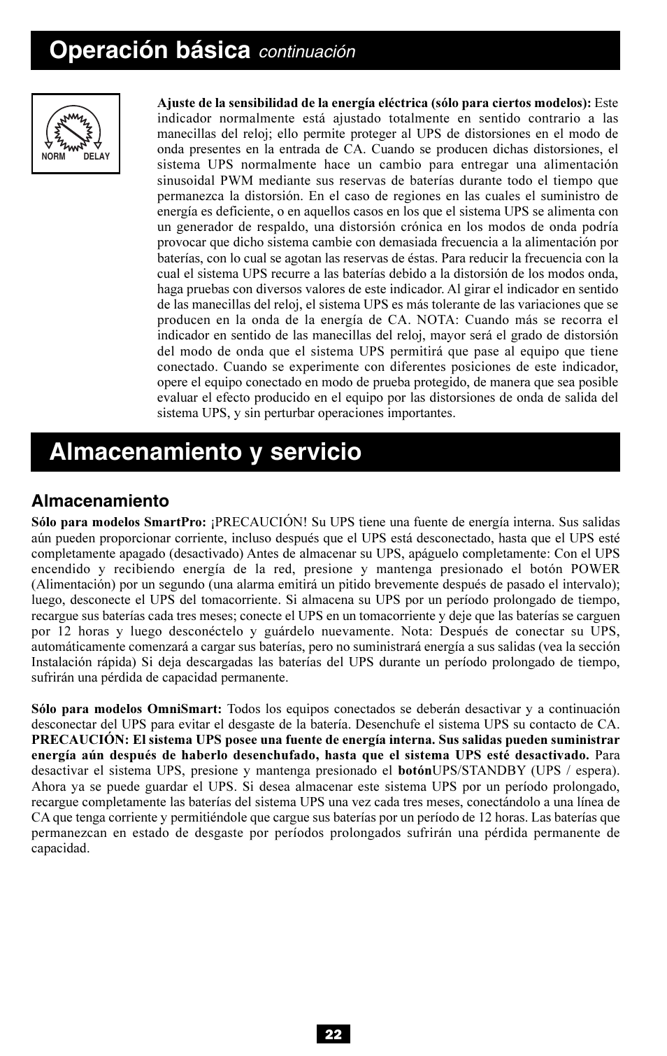 Almacenamiento y servicio, Operación básica | Tripp Lite OMNISMART350HG User Manual | Page 22 / 36