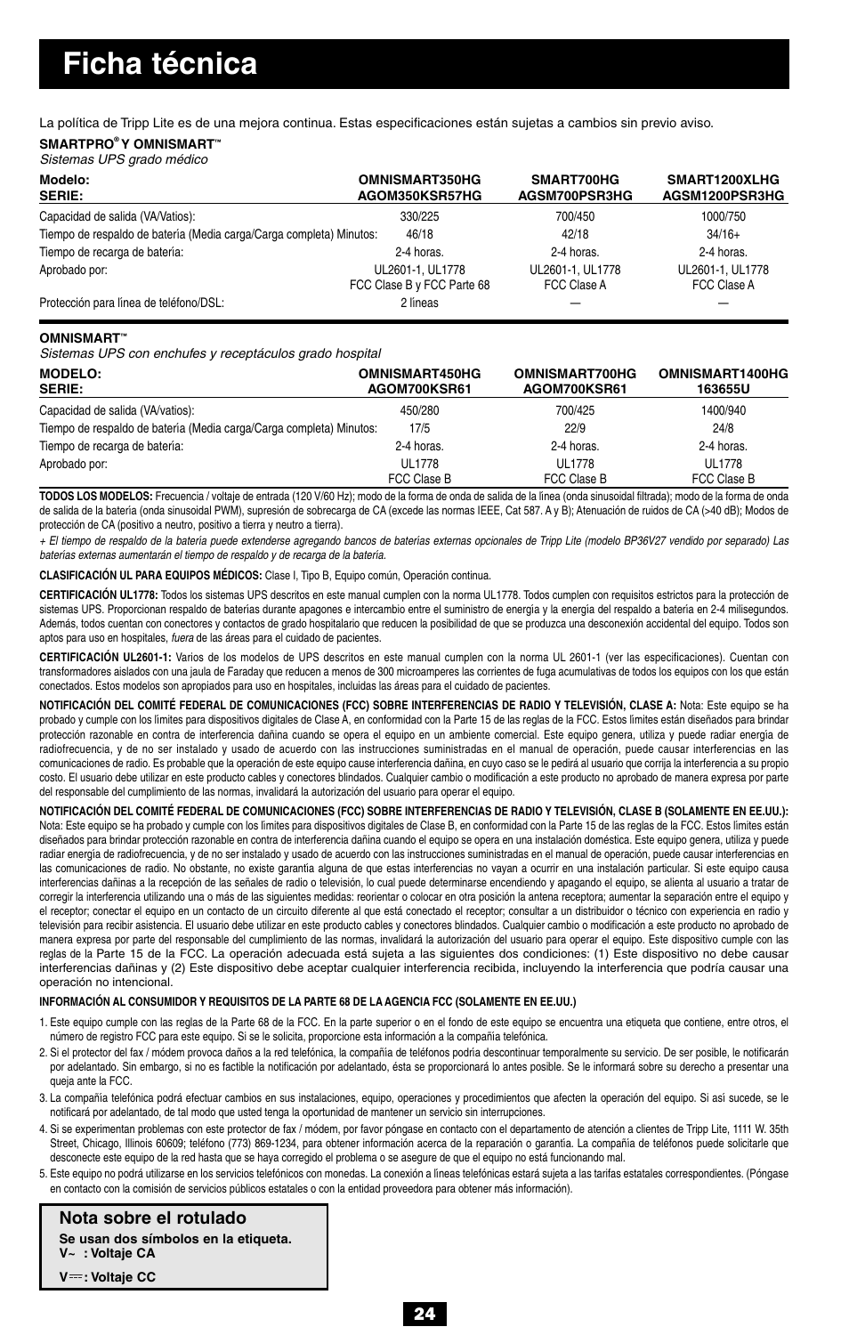 Ficha técnica, Nota sobre el rotulado | Tripp Lite OMNISMART350HG User Manual | Page 24 / 36