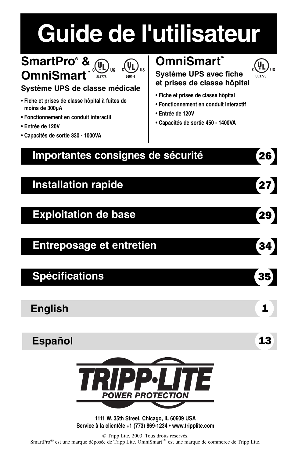 Guide de l'utilisateur, Smartpro, Omnismart | English 1 español 13 | Tripp Lite OMNISMART350HG User Manual | Page 25 / 36