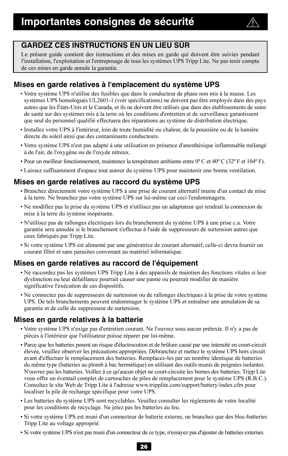 Importantes consignes de sécurité, Mises en garde relatives au raccord du système ups, Mises en garde relatives à la batterie | Gardez ces instructions en un lieu sûr | Tripp Lite OMNISMART350HG User Manual | Page 26 / 36