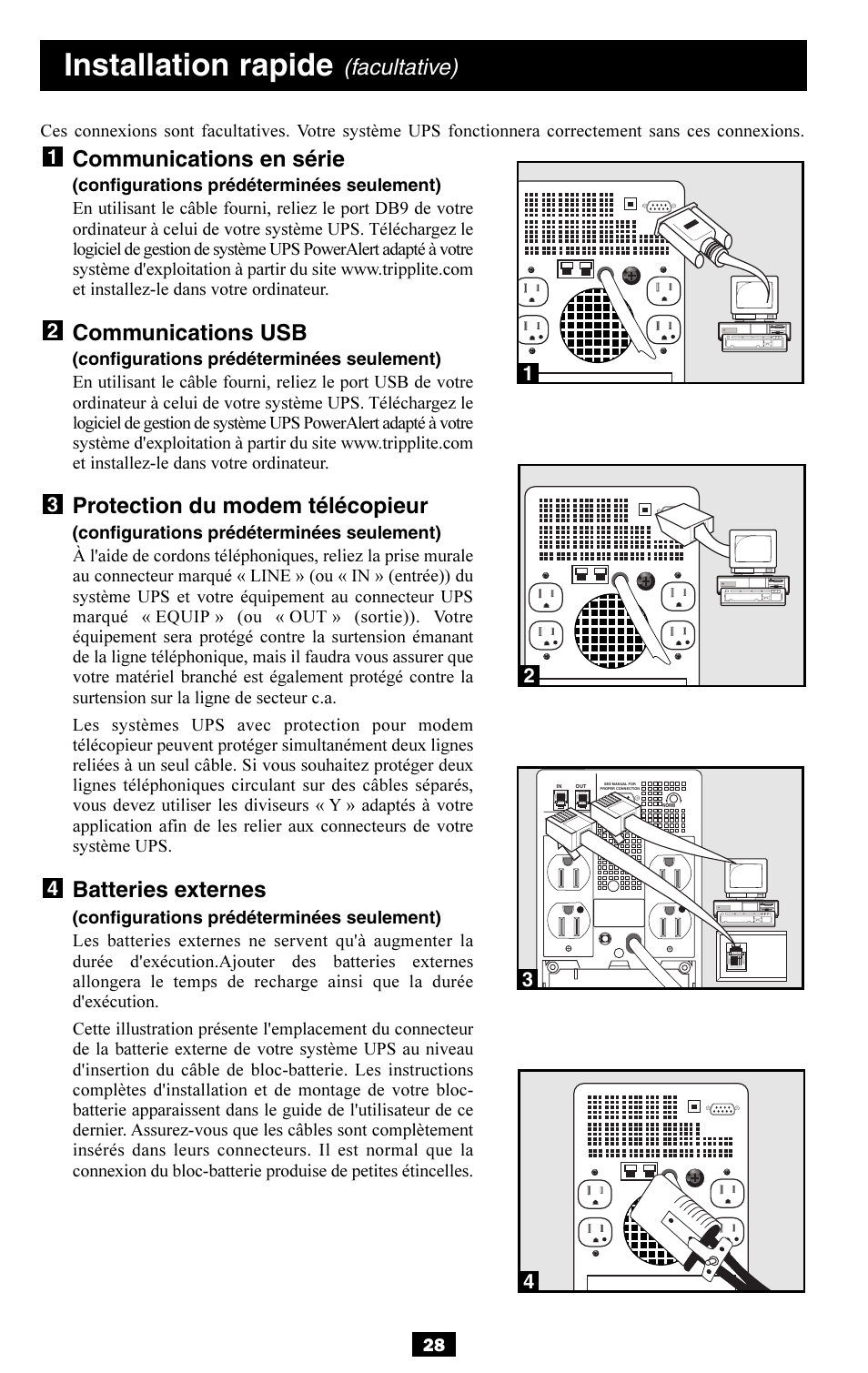 Installation rapide, Facultative), Communications en série | Communications usb, Protection du modem télécopieur, Batteries externes | Tripp Lite OMNISMART350HG User Manual | Page 28 / 36