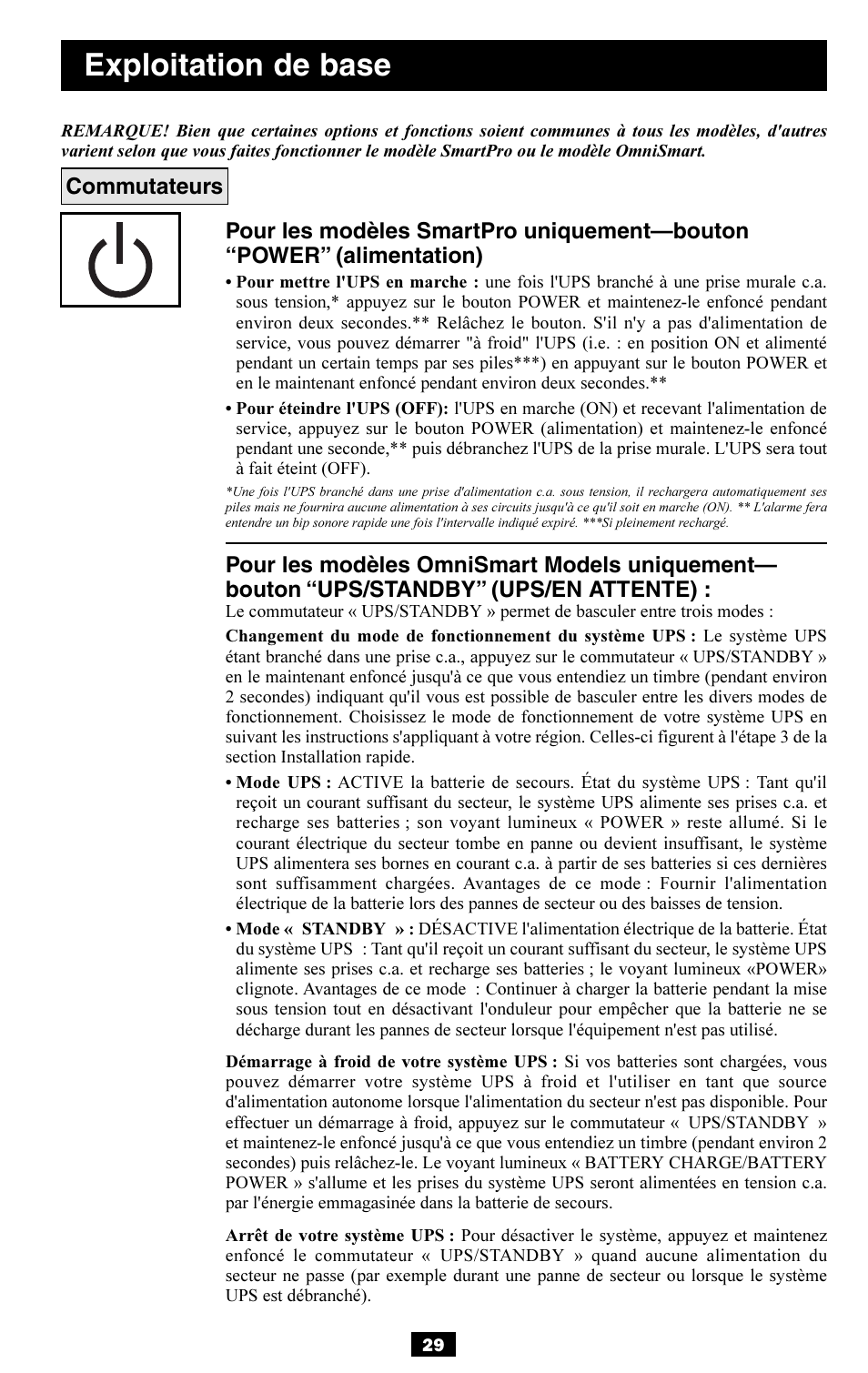 Exploitation de base, Commutateurs | Tripp Lite OMNISMART350HG User Manual | Page 29 / 36