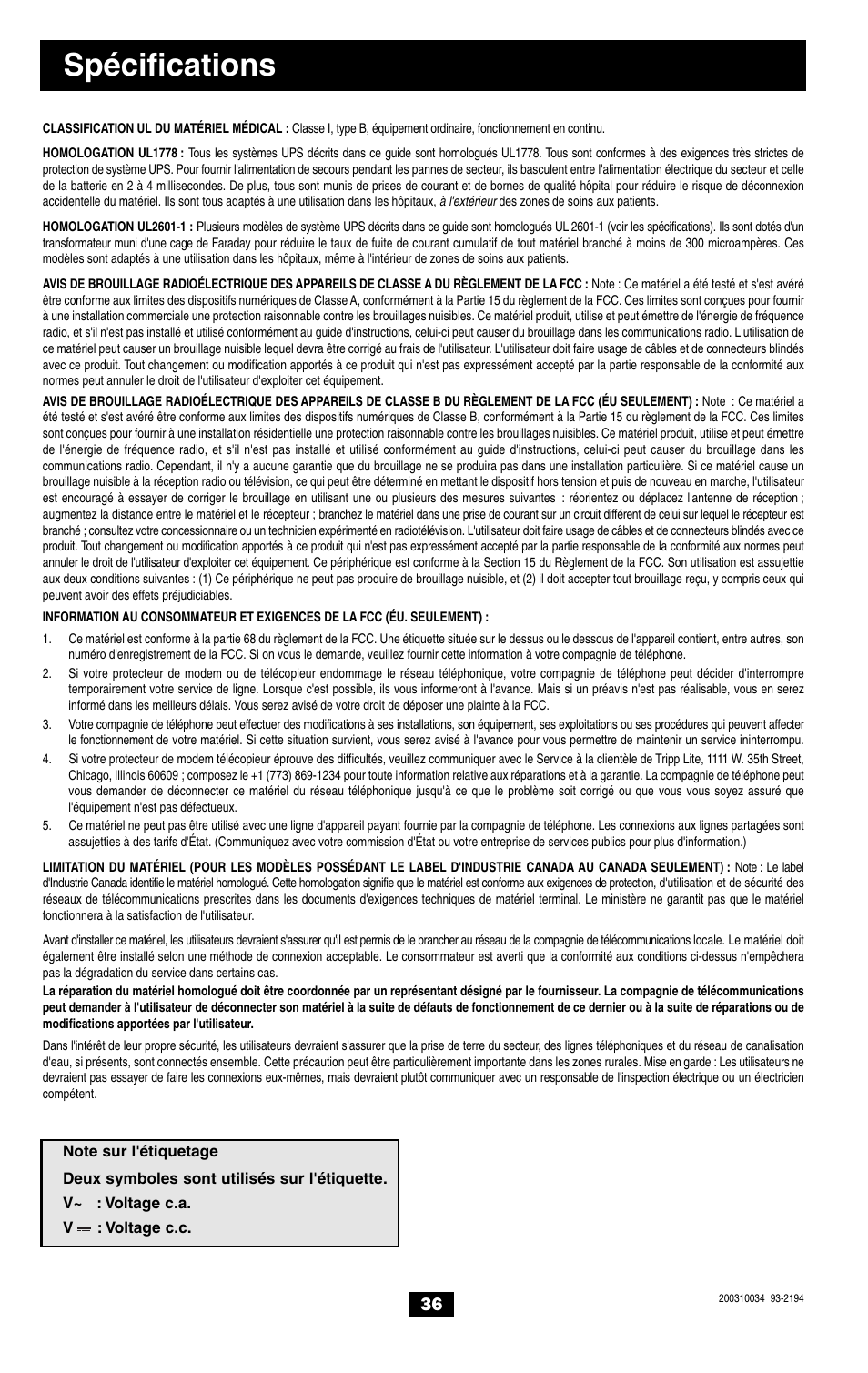 Spécifications | Tripp Lite OMNISMART350HG User Manual | Page 36 / 36