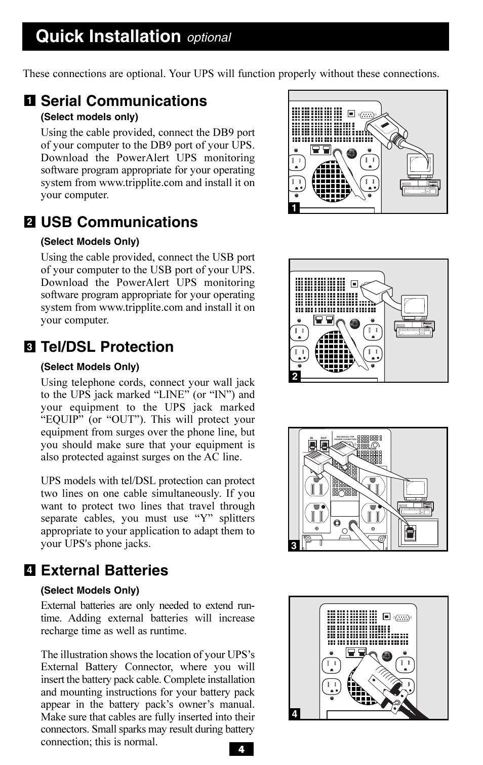 Quick installation, Serial communications, Usb communications | Tel/dsl protection, External batteries, Optional | Tripp Lite OMNISMART350HG User Manual | Page 4 / 36