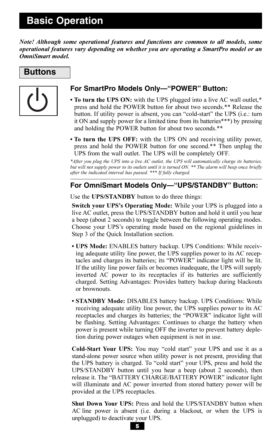 Basic operation, Buttons | Tripp Lite OMNISMART350HG User Manual | Page 5 / 36