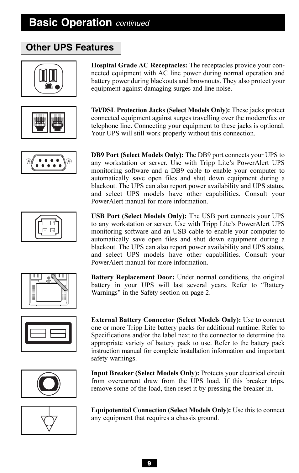 Basic operation, Other ups features | Tripp Lite OMNISMART350HG User Manual | Page 9 / 36