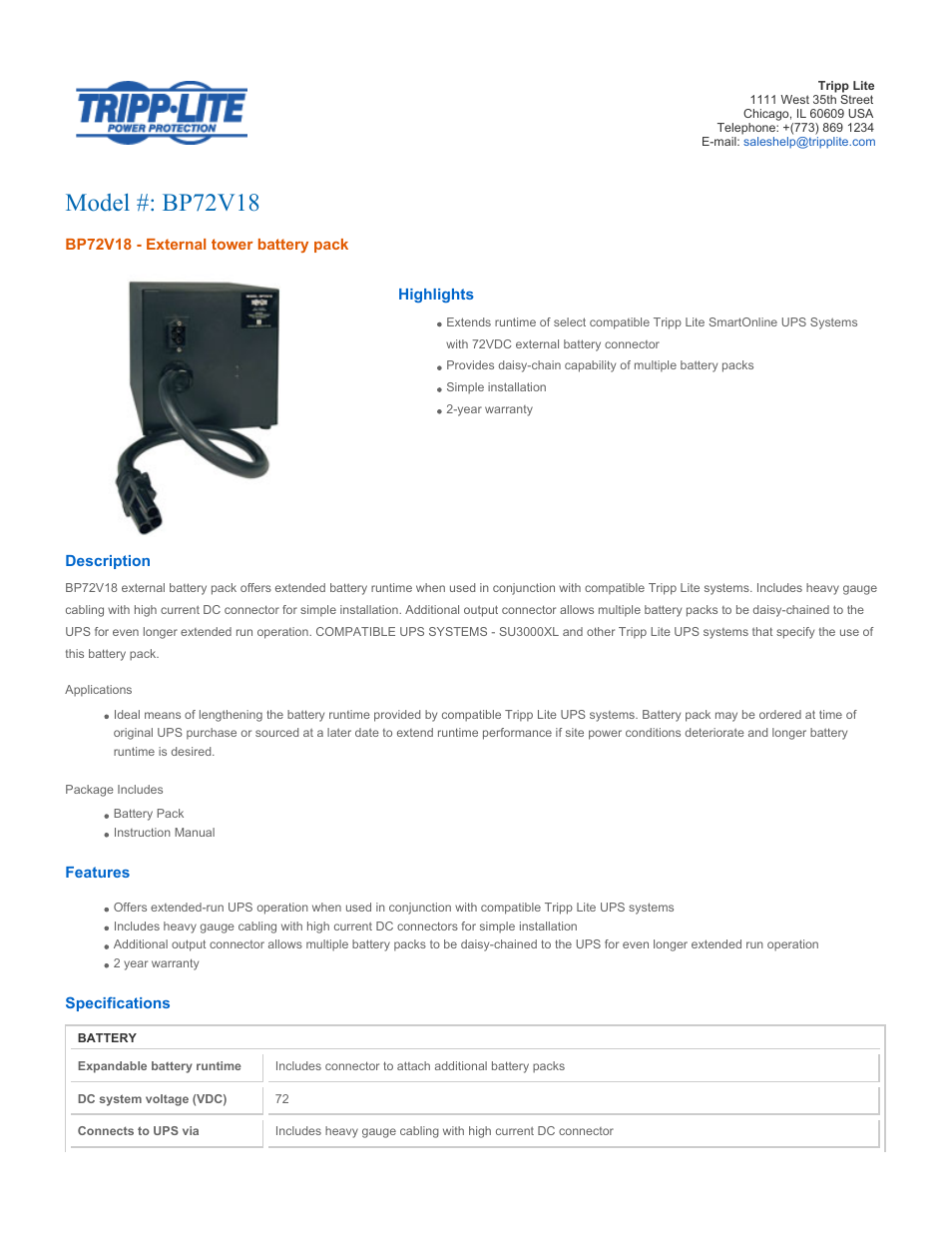 Tripp Lite BP72V18 User Manual | 2 pages