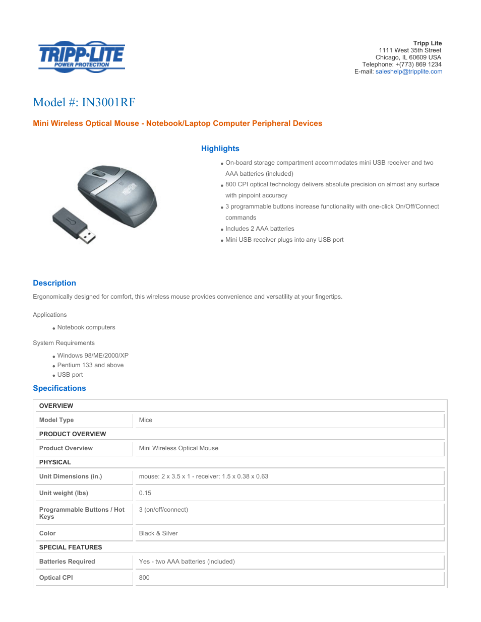 Tripp Lite IN3001RF User Manual | 2 pages