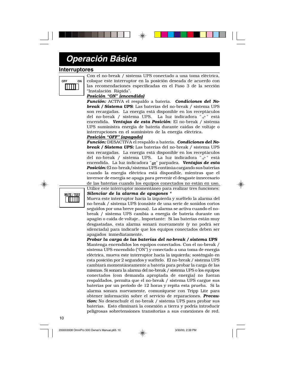 Operación básica, Interruptores | Tripp Lite OmniPro500 User Manual | Page 10 / 12