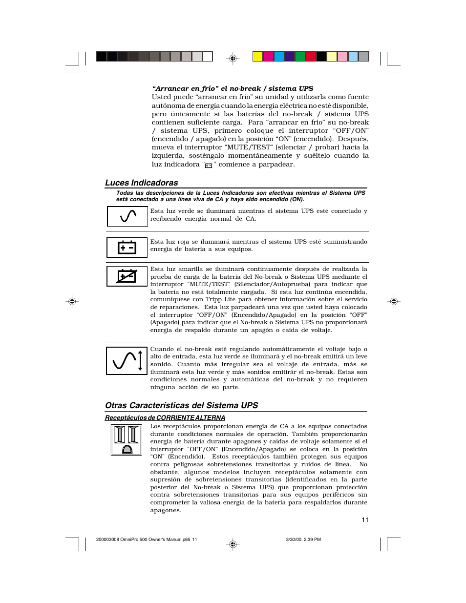 Luces indicadoras, Otras características del sistema ups | Tripp Lite OmniPro500 User Manual | Page 11 / 12
