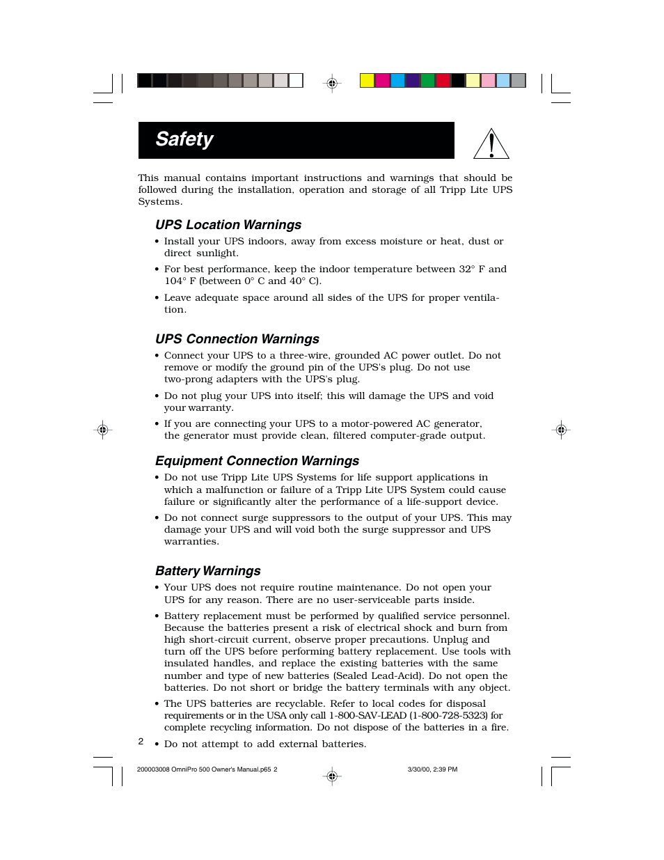 Safety, Ups location warnings, Ups connection warnings | Equipment connection warnings, Battery warnings | Tripp Lite OmniPro500 User Manual | Page 2 / 12