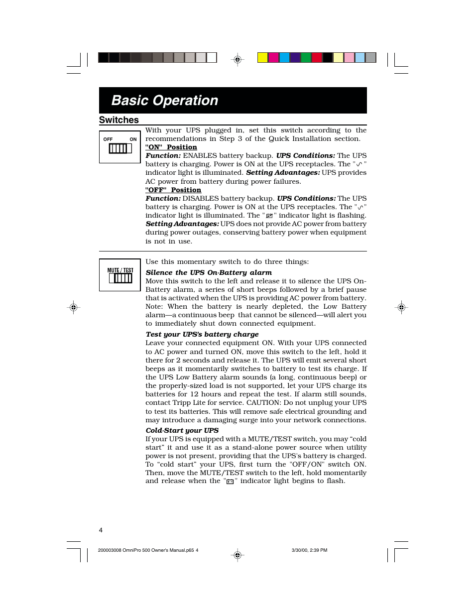 Basic operation, Switches | Tripp Lite OmniPro500 User Manual | Page 4 / 12