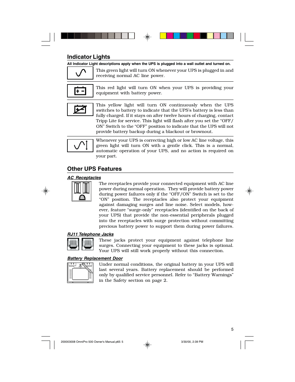 Indicator lights, Other ups features | Tripp Lite OmniPro500 User Manual | Page 5 / 12