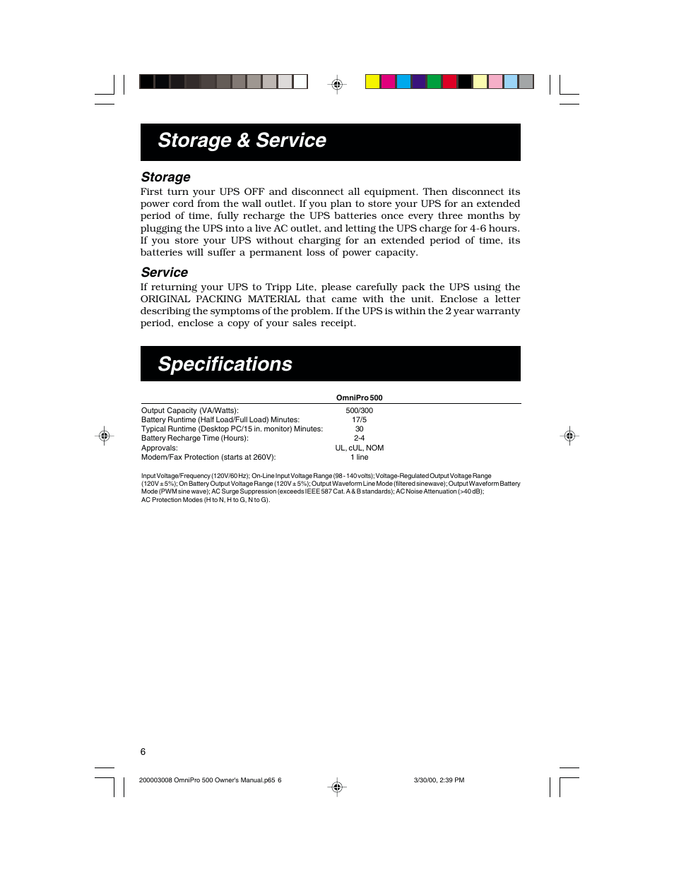 Specifications, Storage & service, Storage | Service | Tripp Lite OmniPro500 User Manual | Page 6 / 12