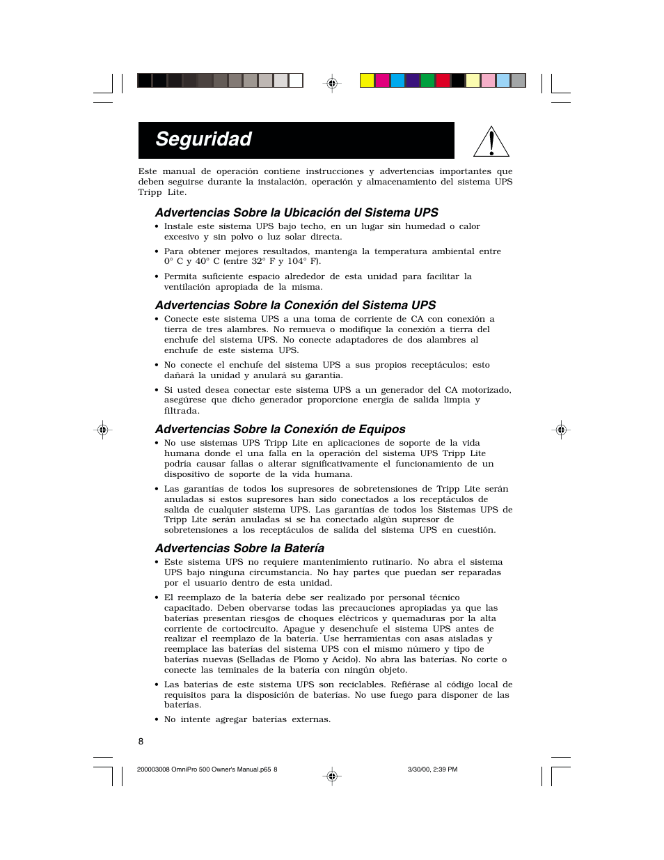 Seguridad, Advertencias sobre la ubicación del sistema ups, Advertencias sobre la conexión del sistema ups | Advertencias sobre la conexión de equipos, Advertencias sobre la batería | Tripp Lite OmniPro500 User Manual | Page 8 / 12