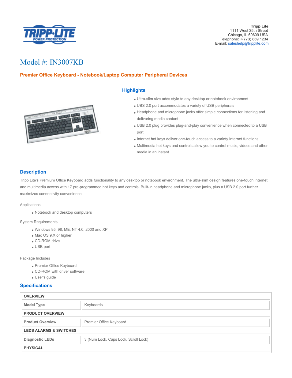 Tripp Lite IN3007KB User Manual | 2 pages