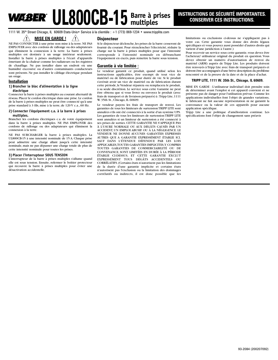Barre à prises multiples | Tripp Lite UL800CB-15 User Manual | Page 2 / 3