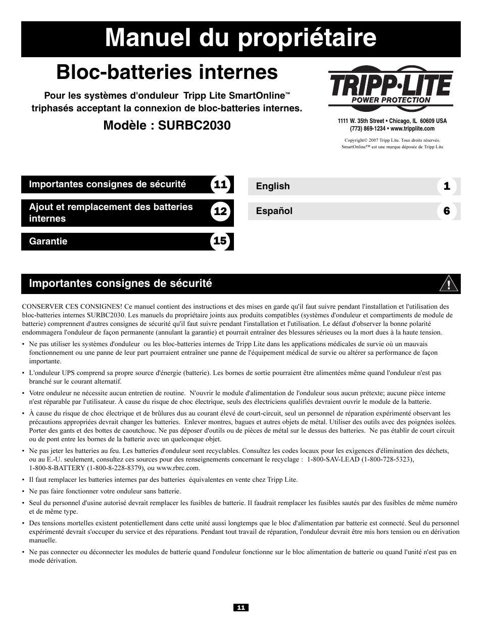 Manuel du propriétaire, Bloc-batteries internes, Modèle : surbc2030 | 6importantes consignes de sécurité | Tripp Lite SURBC2030 User Manual | Page 11 / 16