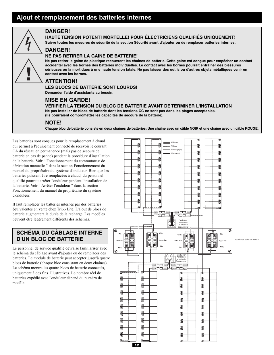 Ajout et remplacement des batteries internes, Schéma du câblage interne d'un bloc de batterie, Danger | Attention, Mise en garde | Tripp Lite SURBC2030 User Manual | Page 12 / 16