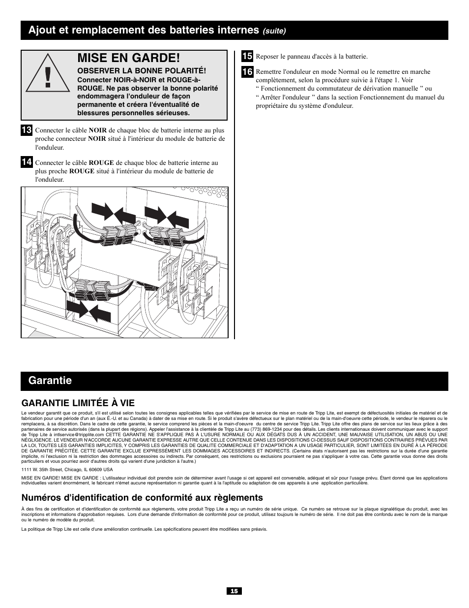 Mise en garde, Ajout et remplacement des batteries internes, Garantie | Tripp Lite SURBC2030 User Manual | Page 15 / 16
