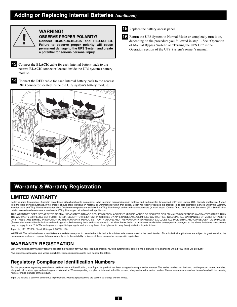 Adding or replacing internal batteries, Warranty & warranty registration, Limited warranty | Warranty registration, Regulatory compliance identification numbers | Tripp Lite SURBC2030 User Manual | Page 5 / 16